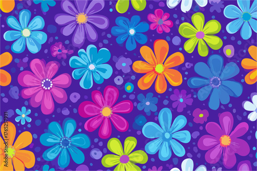 Fondo vibrante con un patrón repetido de flores de estilo retro en colores brillantes sobre un fondo morado.