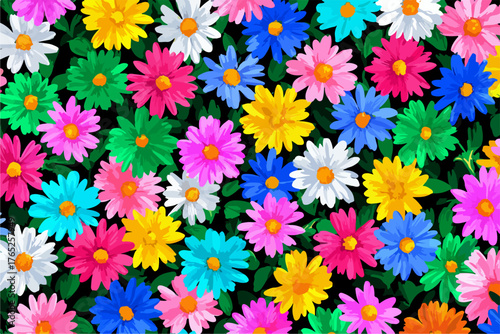 Un vibrante patrón de margaritas de colores brillantes sobre un fondo verde oscuro, perfecto para diseños alegres.