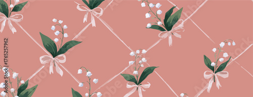 Patrón floral vectorizado de lirios del valle con delicados lazos rosas sobre fondo melocotón.