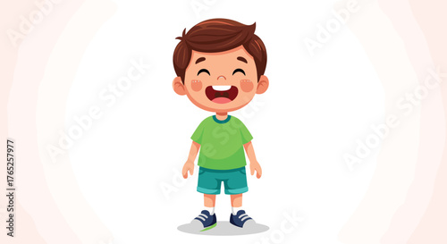 Cheerful Cartoon Boy Smiling Happily in a Bright, Playful Setting, Standing with a Positive Attitude, Expressing Joy and Excitement for Children's Educational Material, Animated Illustration for Websi