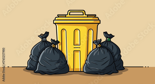 Overflowing Yellow Dumpster with Black Garbage Bags Illustration - Waste Management Concept in Urban Setting Depicts Environmental Issues for Business Presentations & Marketing Materials; Modern Graph