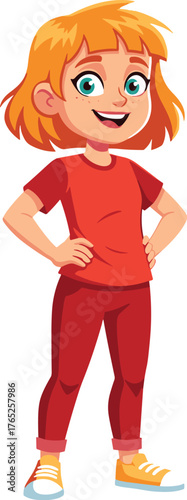 Smiling Young Girl Standing Confidently with Hands on Hips in Bright Red Outfit on White Background for Education and Children's Books, Representing Youthful Energy and Determination, Perfect for Anim