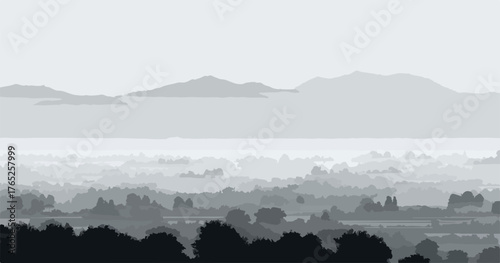 Paisaje minimalista monocromático con capas de colinas y montañas en la distancia.