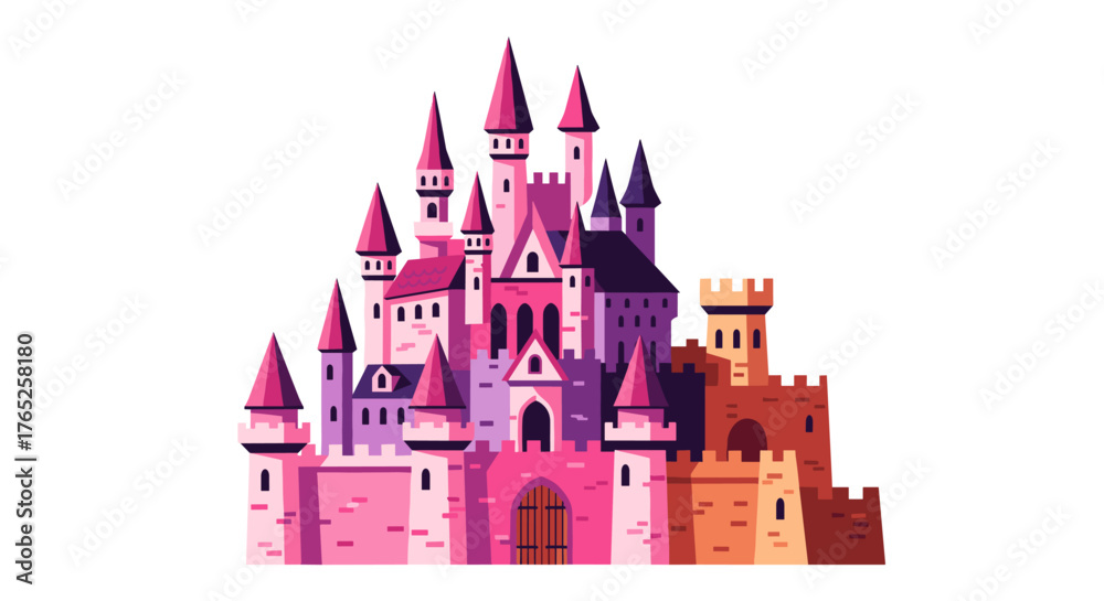 Obraz premium Whimsical Pink Castle Fortress Against White Backdrop, Fantasy Architecture, Enchanted Kingdom Illustration for Children's Storybooks, Fairy Tale Animated Movies, Princess Party Invitations, Digital M