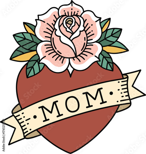Vintage Mother's Day Tattoo Design: Heart & Rose Illustration for Family Celebrations, Retro Style Decoration. Classic American Traditional Tattoo Motif for Posters, Cards, Gifts, Nostalgic Graphic wi
