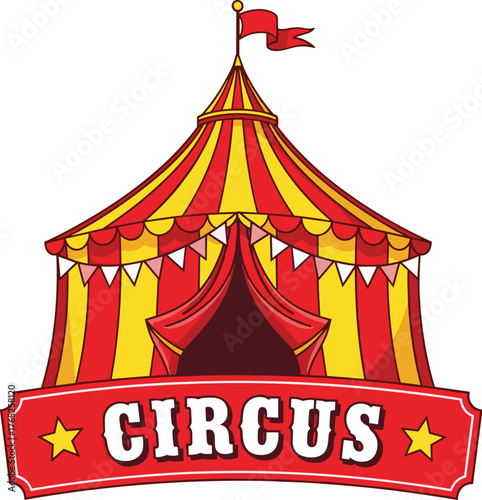 Colorful Circus Tent Illustration Invites You to the Spectacular Show - Festive Big Top Structure with Red and Yellow Stripes, Ideal for Themed Parties, Events, and Entertainment, Creating a Whimsical
