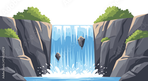 Majestic Waterfall Flowing Through Rocky Cliffs, Lush Greenery in Mountainous Landscape Illustration, Environment Concept for Relaxation and Travel Industry, Scenic Nature Background, Clean Vector Gra
