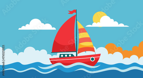 Red Sailboat Sailing on the Ocean Waters on a Sunny Day, Perfect for Nautical Themed Designs, Summer Getaways, Marine Adventures, Vacation Graphics, or Seaside Resort Advertising, Bright Colors and Ca