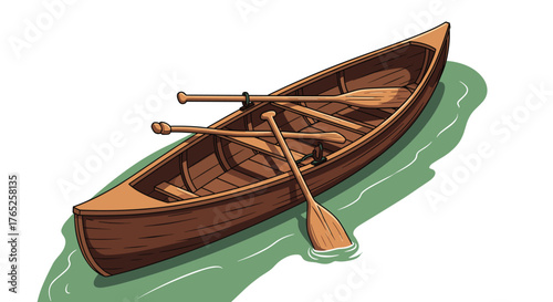 Wooden Canoe Drifting Calmly on Green Waters with Paddles, Tranquil Watercraft Scene for Summer Adventure, Travel, and Nautical Illustration, Recreation, and Outdoor Lifestyle, Detailed Vector Image f