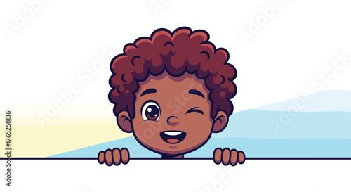 Cartoon Boy Winking Peek-a-Boo Illustration with Curly Brown Hair and Smiling Expression Holding White Board for Educational Materials, Kids Presentation, Modern Advertisement, Graphic Design Project,