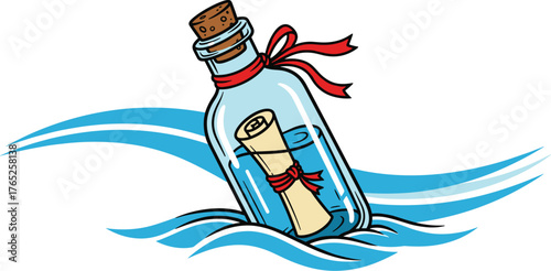 Message in a Bottle Floating on Blue Waves, Symbolizing Hope and Communication from Distant Lands, Representing a Mysterious Journey and Discovery, Perfect for Travel, Adventure, and Nautical Themes (
