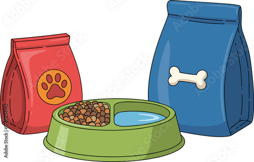 Cartoon Pet Food Illustration: A vibrant cartoon illustration showing nutritious kibble and refreshing water in a green bowl with a paw print adorned red bag and bone-embossed blue bag standing behind