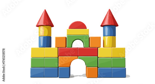 Colorful Toy Blocks Castle Construction for Creative Playtime in a Bright Room: Child Development, Early Learning, and Architectural Concepts for Educational Content (Stacking, Building, Childhood Fun