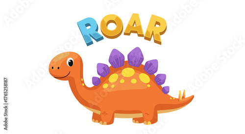 Adorable Orange Stegosaurus Roaring in a Cartoon Style Illustration for Children's Education, Featuring Purple Spikes and Yellow Spots on a White Background, Promoting Fun Learning and Imagination wit