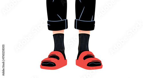 Standing Wearing Black Socks & Red Sandals in Casual Fashion Style Isolated on White, Illustrating Relaxed Lifestyle Concept & Individuality for Advertising & Presentation Use in Modern Design Setting