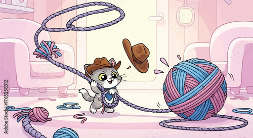Adorable Cowboy Cat Tames the Gigantic Yarn Beast