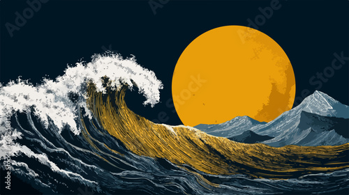 Una ilustración vectorial estilizada captura la majestuosidad de una ola oceánica gigante rompiendo bajo un sol o luna radiante, con montañas distantes.