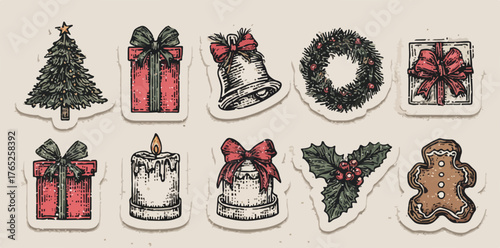 Conjunto de pegatinas vectoriales vintage con elementos clásicos de Navidad como árboles, regalos, campanas y coronas, perfectos para diseños festivos y tradicionales.