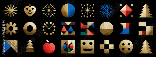 Una vibrante colección de iconos vectoriales dorados y coloridos, presentando formas geométricas y símbolos abstractos para diseño gráfico moderno.