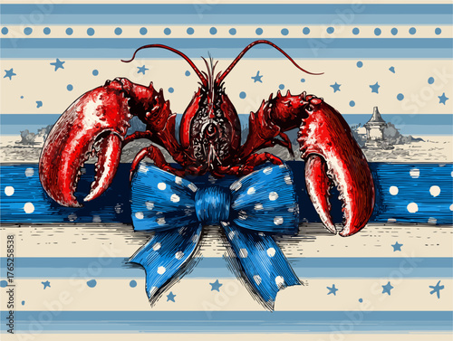 Ilustración vectorial detallada de una majestuosa langosta roja adornada con un lazo azul de lunares sobre un fondo marino festivo.