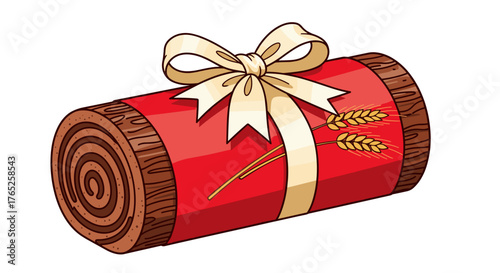 Delicious Festive Swiss Roll Cake Ready for Celebration: Decorated with Ribbon, Wheat Stalks, and Chocolate Swirls, This Pastry is Perfect for Holiday Parties and Special Occasions, Representing Sweet