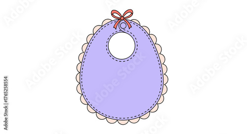 Adorable Baby Bib Illustration: Clean Protective Wear for Feeding Time, Cute Bow Accent, Children's Fashion Accessory Design, Elegant Scalloped Edges, Gentle Lavender Color Palette, Perfect for Nurser