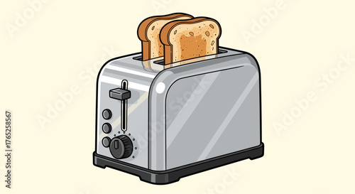 Toaster Preparing Breakfast Toast at Home: Modern Kitchen Appliance Cooking Slices of Bread, Delicious Homemade Meal for Healthy Eating, Fresh Start to the Day in a Relaxed Lifestyle Setting, Illustra