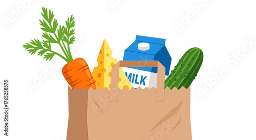 Groceries Overflowing from a Brown Paper Bag after Shopping Trip, Fresh Vegetables Carrot and Cucumber, Milk Carton, and Cheese Wedge, Food Items in Illustration Style,  Healthy Eating Promotion, Mode