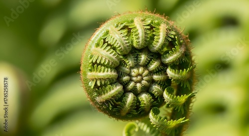 Close-up of a spiral fern frond beginning to unfurl in vibrant light