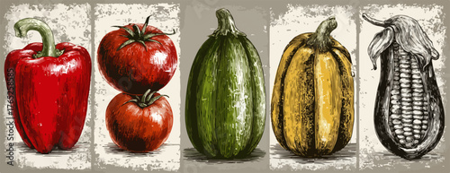 Ilustración vectorial de vegetales variados como pimientos, tomates y calabazas, con un acabado texturizado y orgánico.