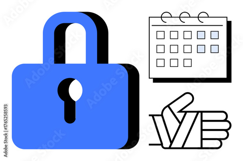 Blue lock, calendar, and handshake emphasize security, time management, and trust. Ideal for privacy, deadlines, agreements, reliability organization safety efficiency simple flat metaphor