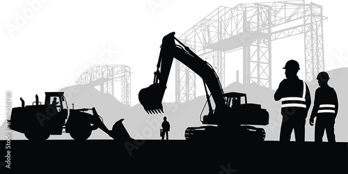 Construction workers in high visibility vests observe heavy machinery at a large industrial building site
