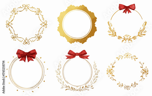 Esta colección de elegantes marcos dorados y lazos rojos ofrece elementos decorativos perfectos para invitaciones y tarjetas festivas.