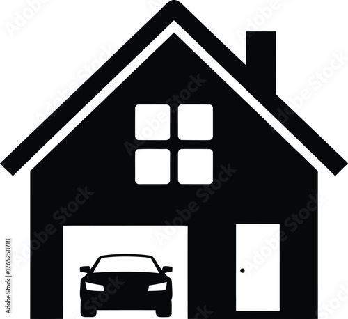 Simple black silhouette of a house with an open garage door and a car inside
