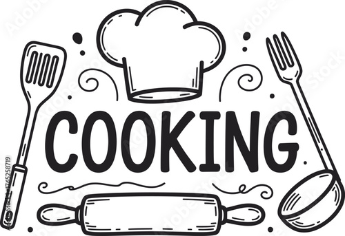 Hand drawn sketch of cooking utensils and chef hat with the word cooking