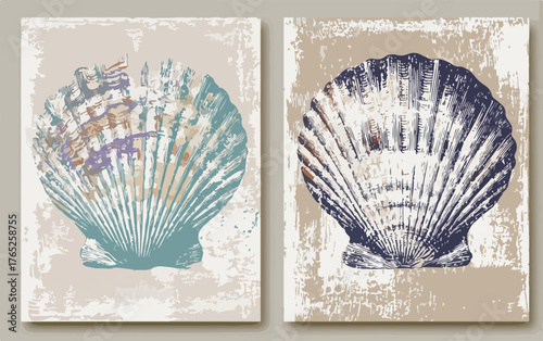 Conjunto de conchas marinas vectoriales en estilo rústico y desgastado, ideal para proyectos de diseño gráfico con temática playera.