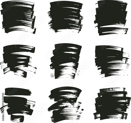Collection of nine abstract black paint brush stroke textures on a white background
