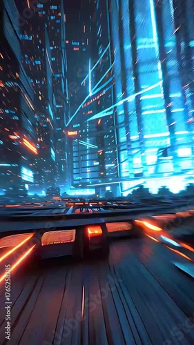 Futuristic Cyber City Skyline with Neon Lights and Motion Trails