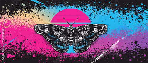 Ilustración vectorial de una mariposa con un diseño retro en colores vibrantes, ideal para fondos y diseños creativos.