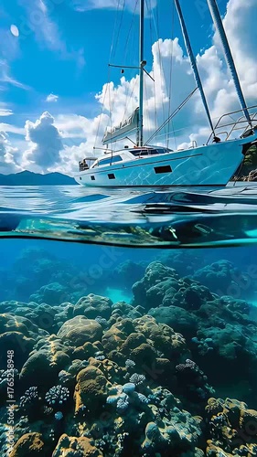 Sailboat Above Coral Reef – Split View of Ocean and Marine Life.