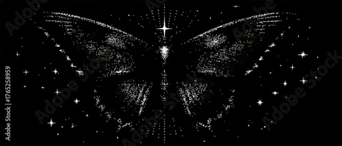 Un diseño vectorial elegante de una mariposa con detalles estelares, ideal para proyectos creativos y decorativos en un fondo oscuro.