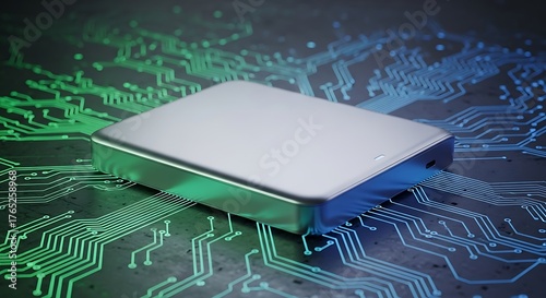 Sleek SSD device mockup with circuit patterns, futuristic technology scene
