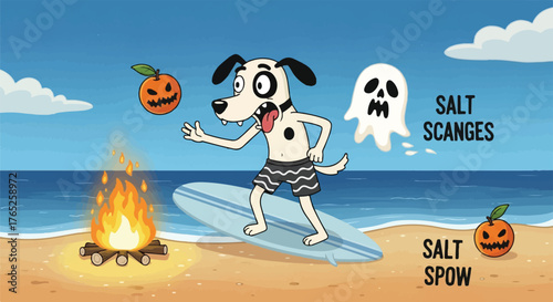 Bizarre Summerween Cartoon Dog Surfing Illustration