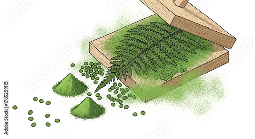 Botanical Extraction Process Fern Leaf Green Powder Illustration