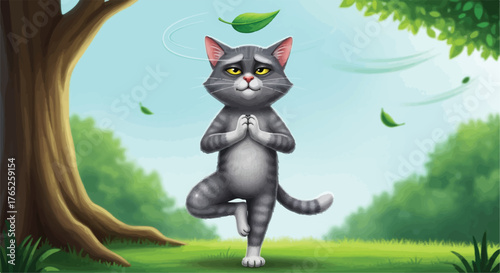 Cartoon Cat Yoga Master Balancing Leaf Outdoors