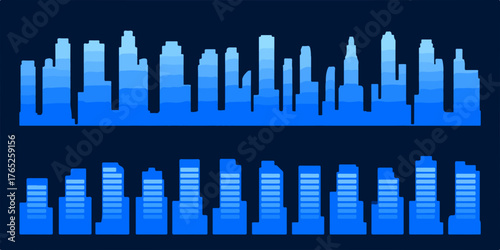 Un diseño vectorial de horizonte urbano azul con edificios modernos, ideal para ilustraciones y proyectos creativos.