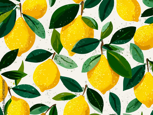 Un patrón vectorial sin costuras con limones amarillos frescos y hojas verdes, perfecto para fondos, textiles y diseños creativos.