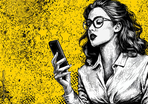 Una ilustración vectorial de una mujer moderna con gafas, inmersa en su teléfono móvil sobre un fondo amarillo vibrante y texturizado.