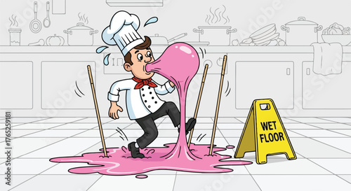 Cartoon Chef Stuck in Giant Bubblegum Spill Wet Floor