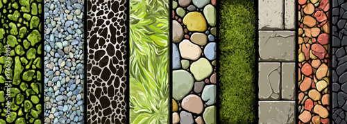Un conjunto de texturas vectoriales ilustradas que representan diferentes elementos naturales y materiales de construcción en diseño gráfico.